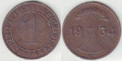 1934 G Germany 1 Reichspfennig A000571